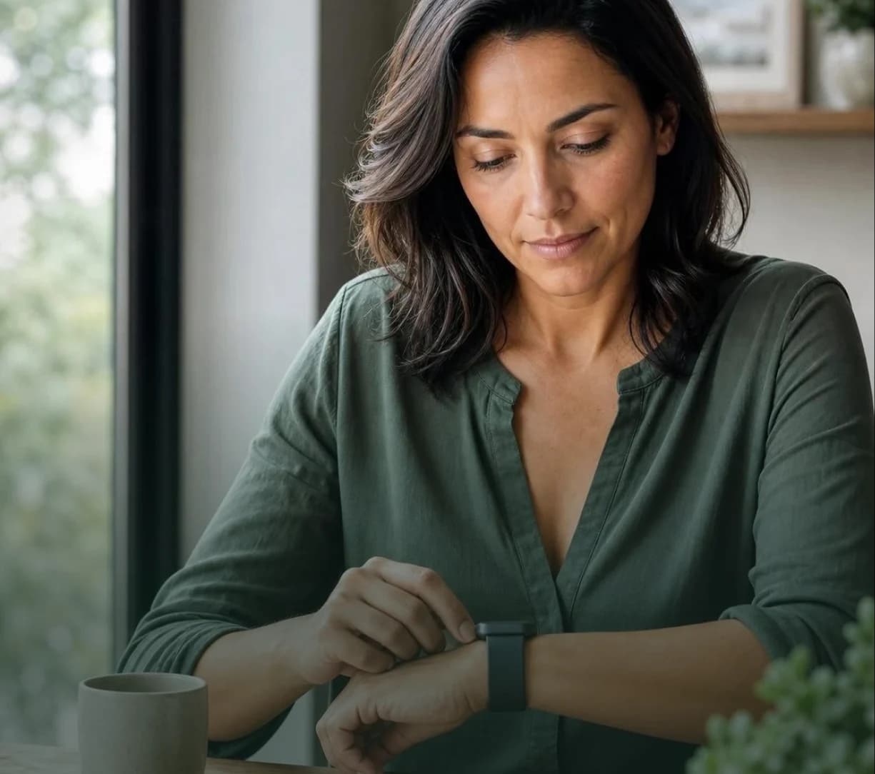 Woman seated and reviewing a document